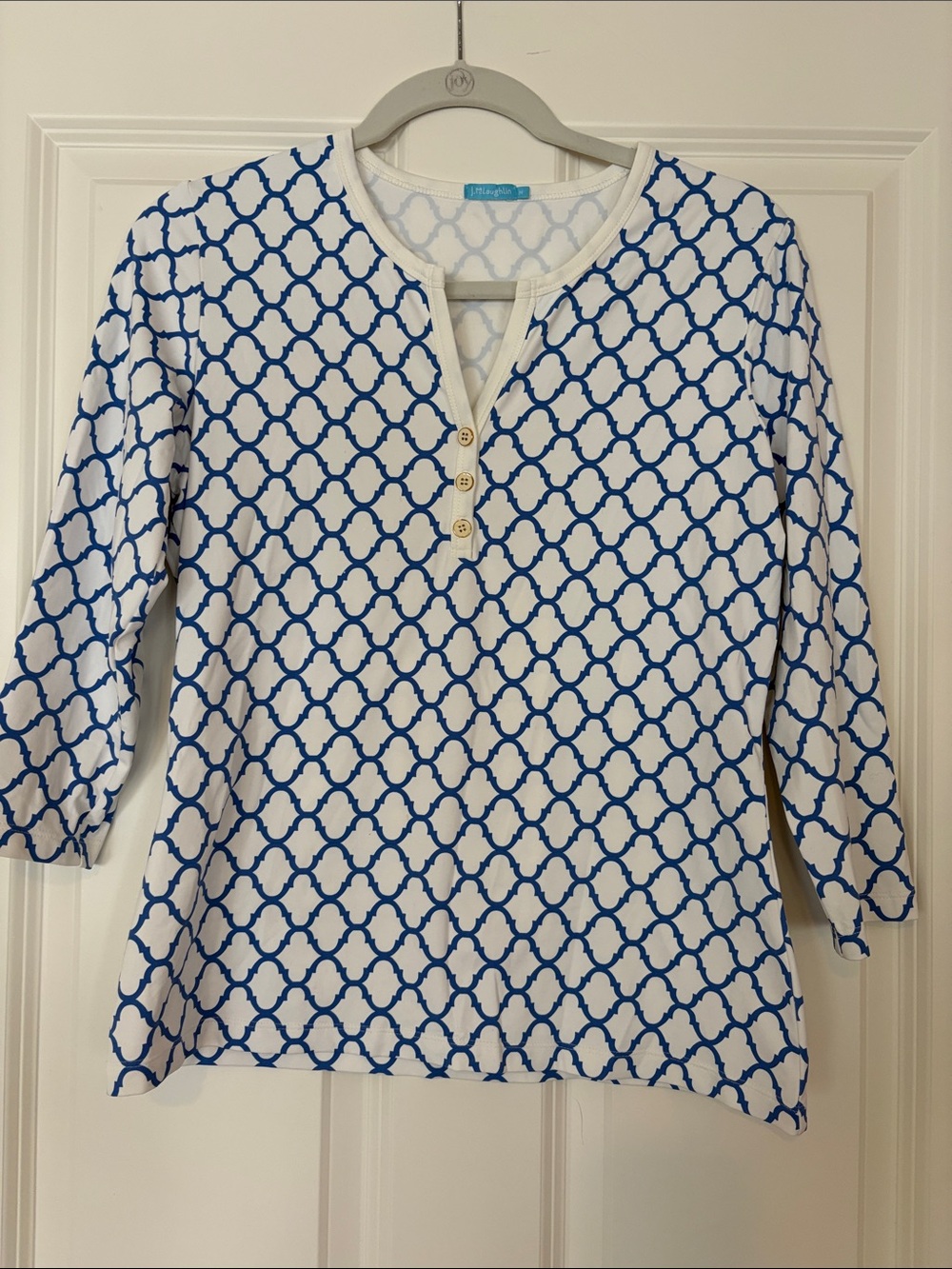 Jmclaughlin Blue and White Geometric Henley Top - Women